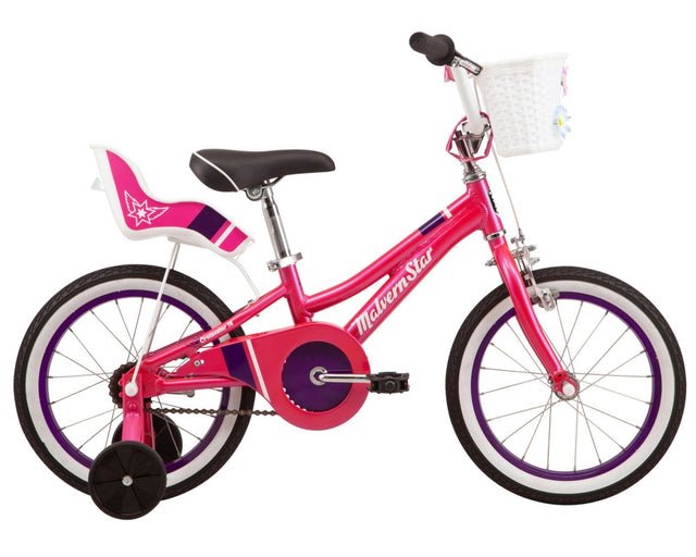 Malvern Star Cruisestar (2025) 16-inch kids bike in pink with white and purple highlights