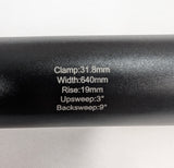 MTB Handlebar 31.8mm 640mm x 19mm Rise Alloy Black (New, Scratched)