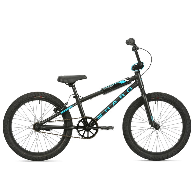 Haro Shredder 20-inch kids' bike in black with blue highlights featuring a durable frame and BMX-style design.