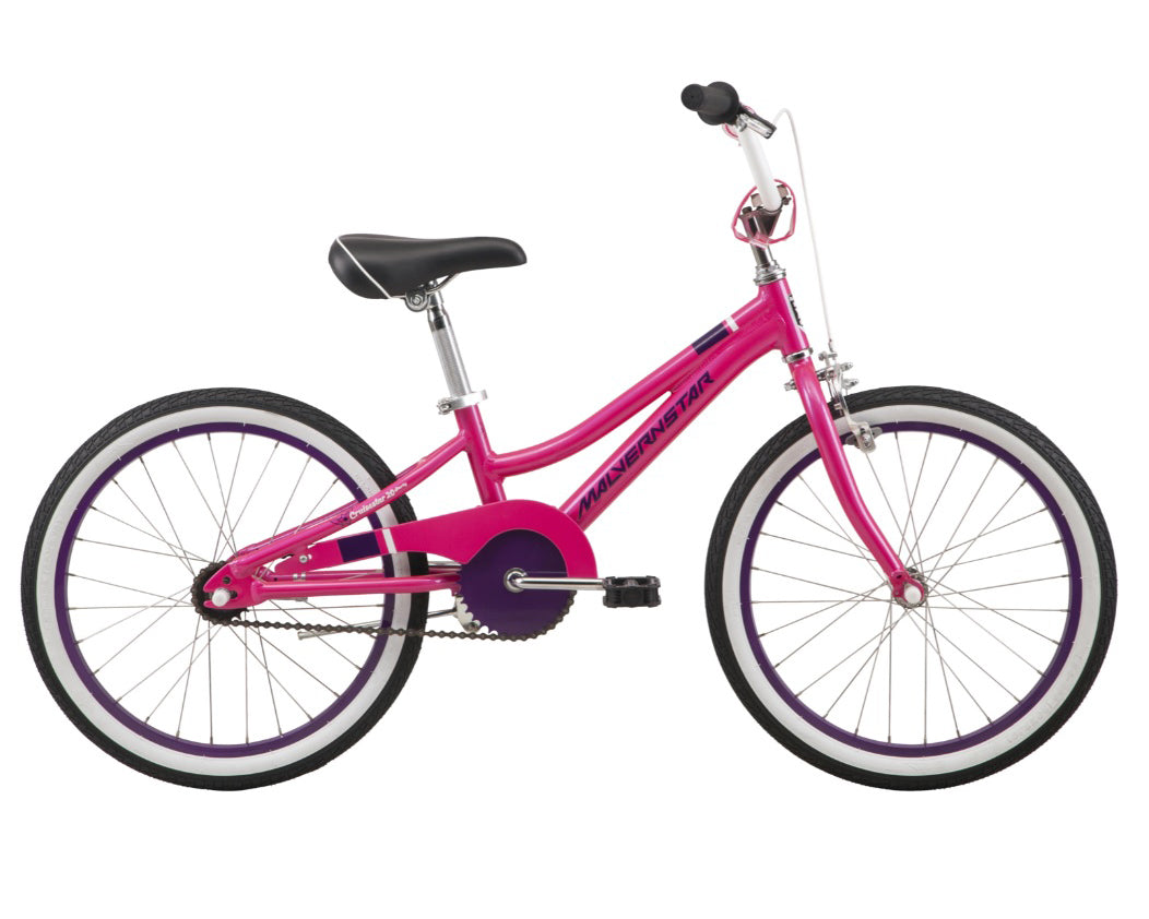 Malvern Star Cruisestar Shorty (2025) 20-inch kids bike in pink with purple accents. Single speed with front hand brake & rear foot brake.