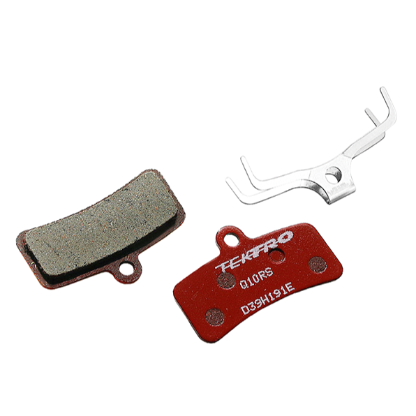 Two brake pads with a red one labeled 'Tektro' on a white background