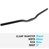 Handlebar MTB Flat 25.4 30mm Rise 15D Sweep 620mm Alloy Black