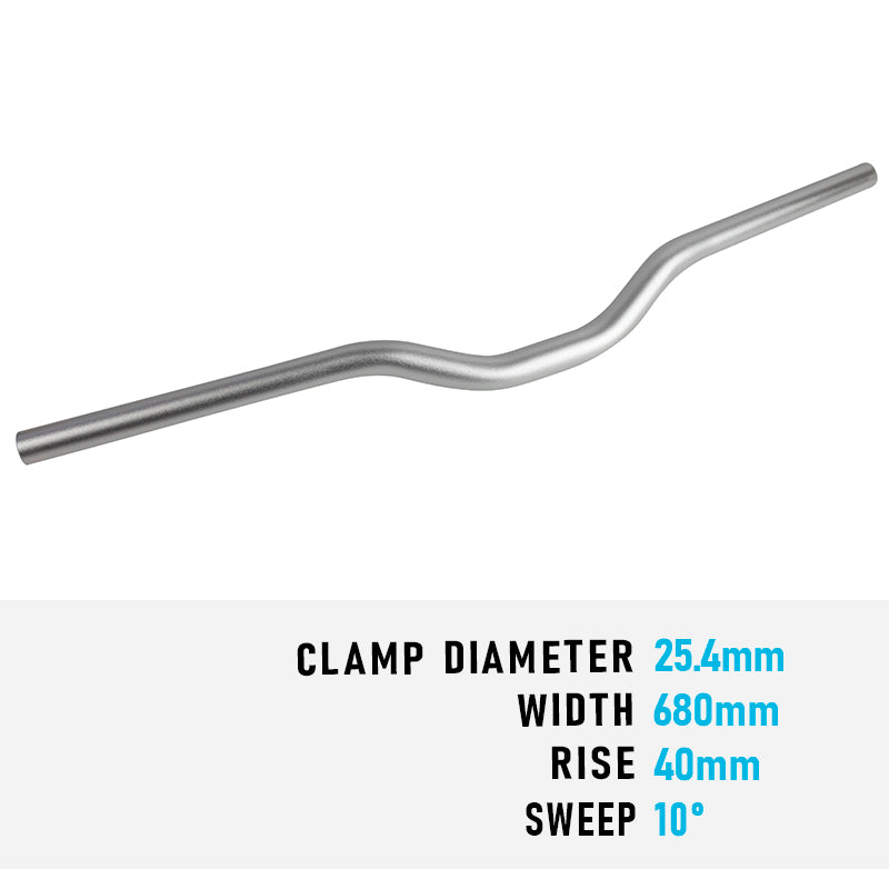 Handlebar MTB Flat 25.4 x 680mm 40mm Rise Alloy Silver