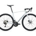 A white Giant road bicycle with black components, including the wheels, saddle, handlebars, and drivetrain, shown from a side profile on a white background.