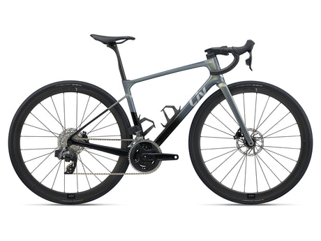 A Liv Avail Advanced Pro 1 road bicycle for 2025, featuring a black and gray color scheme, designed for performance and comfort on the road.