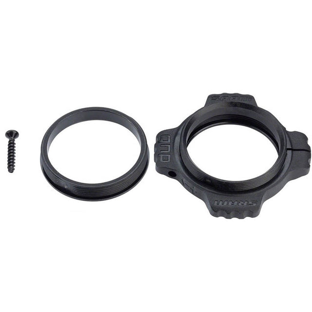 A black bottom bracket part preload adjuster kit for SRAM DUB bike cranks, including a ring and a screw.