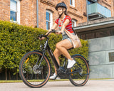 Velectrix Cruiser Pulse STX Step Through Cruiser Electric Bike woman riding bike