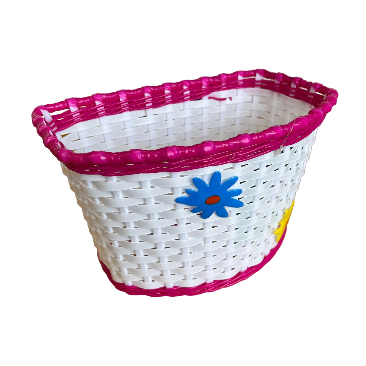 White basket with pink rim and blue flower decoration on a wooden surface