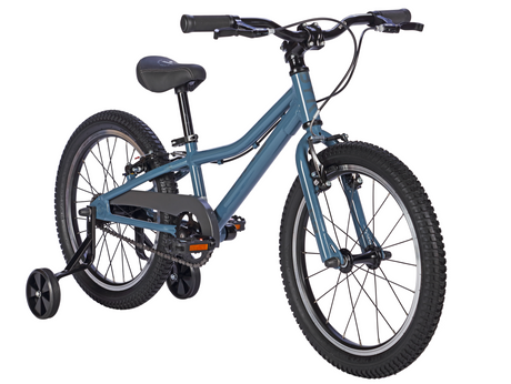 ByK E3 18-inch kids bike in grey with mountain bike tyres and lightweight frame, showing angled view