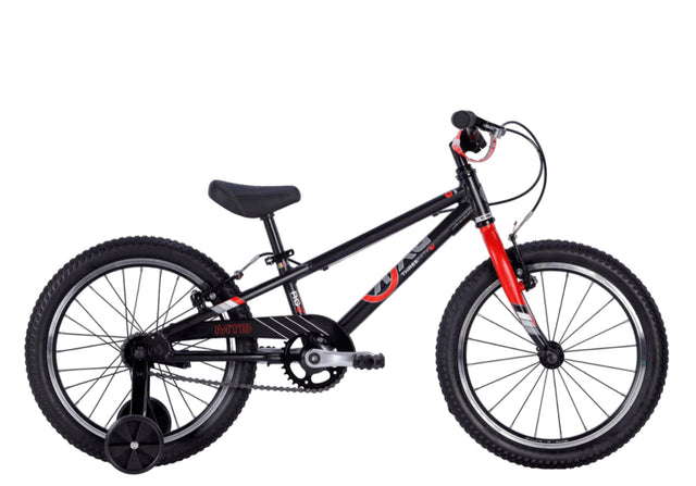 ByK E350 MTB in black with red highlights and training wheels