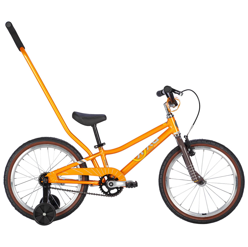 Byk E350 18-inch kids bike in tangerine orange and training wheels