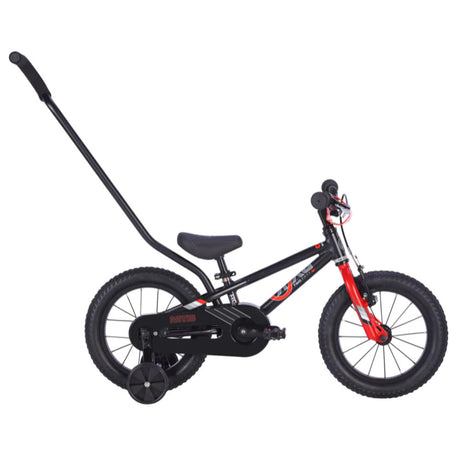 ByK E250 MTBX1 14-inch kids bike in black/red with push handle, side view