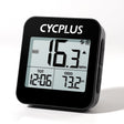 Cycplus G1 GPS bike computer mounted on a handlebar showing speed and distance