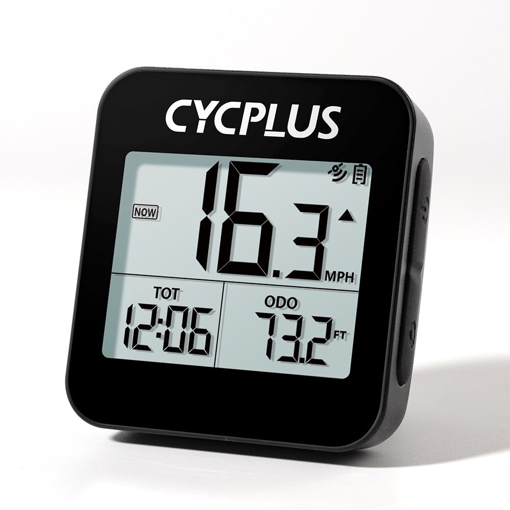 Cycplus G1 GPS bike computer mounted on a handlebar showing speed and distance