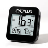 Cycplus G1 GPS bike computer mounted on a handlebar showing speed and distance