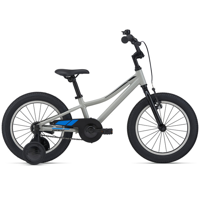 Giant Animator 16-inch kids bike in concrete gray with blue highlights and training wheels