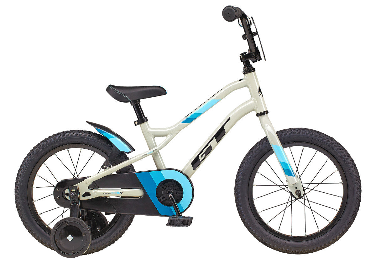 GT grunge 16-inch kids bike in grey with blue and black highlights. Includes a rear mudguard and race plate. 