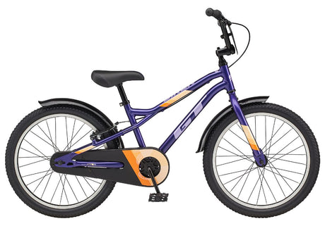 GT Siren 20-inch kids bike in purple with orange accents. Comes with a race plate and mudguards.