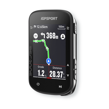 iGPSPORT BSC200S GPS cycling computer with 2.4in colour screen showing ride data