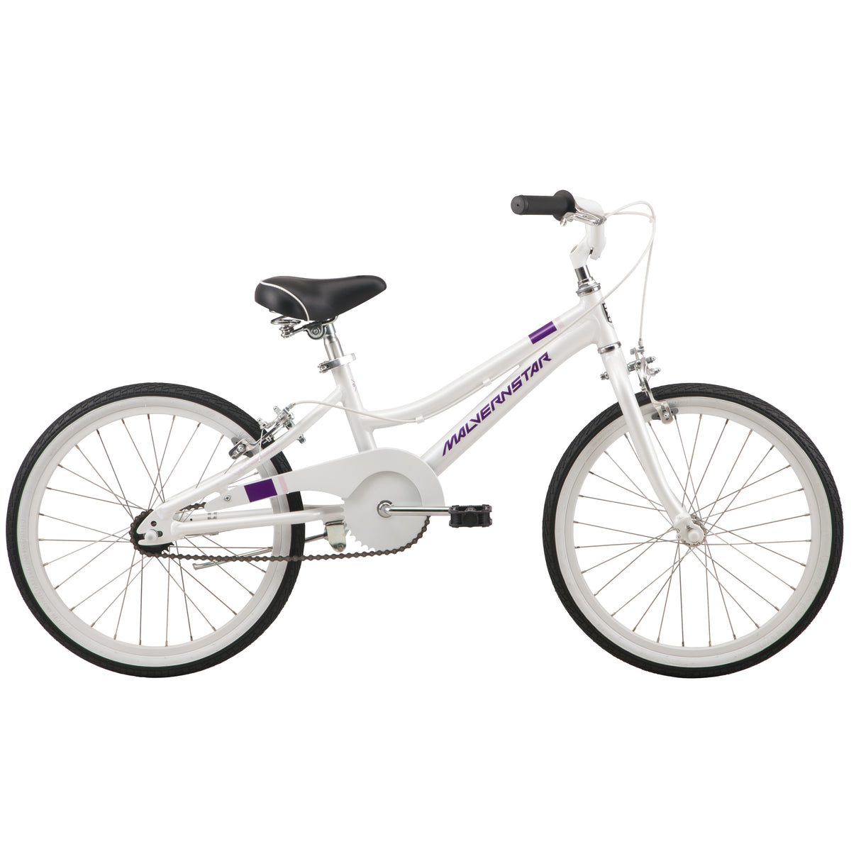 Malvern Star Cruisestar SL (2025) 20-inch kids bike in white with purple accents. Single speed bike with hand brakes & foot brake.