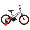 Malvern Star MX16 16-inch kids bike in polished aluminium with orange and black highlights