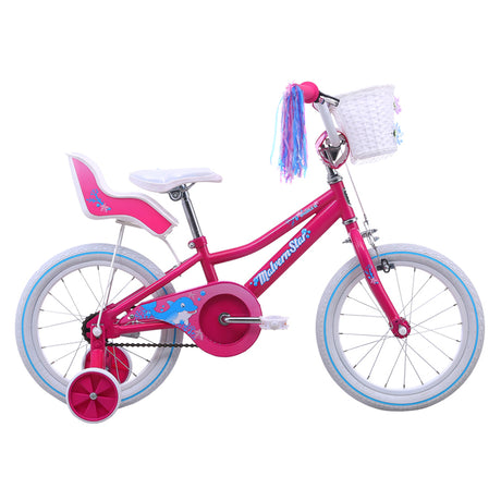 Malvern Star Sparkle 16 (2025) 16-inch kids bike in pink with front basket, doll carrier and streamers.