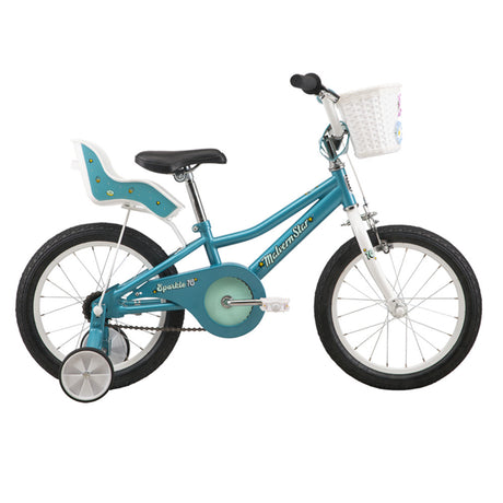 Malvern Star Sparkle 16 (2025) 16-inch kids bike in teal with front basket and doll carrier.