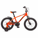 Mongoose Mitygoose (2025) 16-inch kids bike in orange with black highlights, race plate and rear mudguard. Code MGM55203M30OS