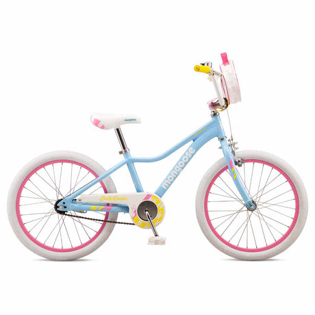 Mongoose Ladygoose 20-inch kids' bike in sky blue, featuring an aloy frame, single-speed drivetrain & pink accents