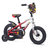 Mongoose LilGoose 12-inch Kids Bike, silver and red with race plate and rear mudguard