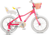 Mongoose Missygoose (2025) 16-inch kids bike in pink with white highlights. Features a front basket and doll carrier.