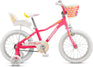 Mongoose Missygoose (2025) 16-inch kids bike in pink with white highlights. Features a front basket and doll carrier.