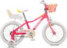 Mongoose Missygoose (2025) 16-inch kids bike in pink with white highlights. Features a front basket and doll carrier.