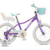 Mongoose Missygoose (2025) 16-inch kids bike in purple with white highlights. Features a front basket and doll carrier. Code MGM55203F20OS