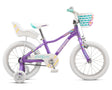 Mongoose Missygoose (2025) 16-inch kids bike in purple with white highlights. Features a front basket and doll carrier. Code MGM55203F20OS