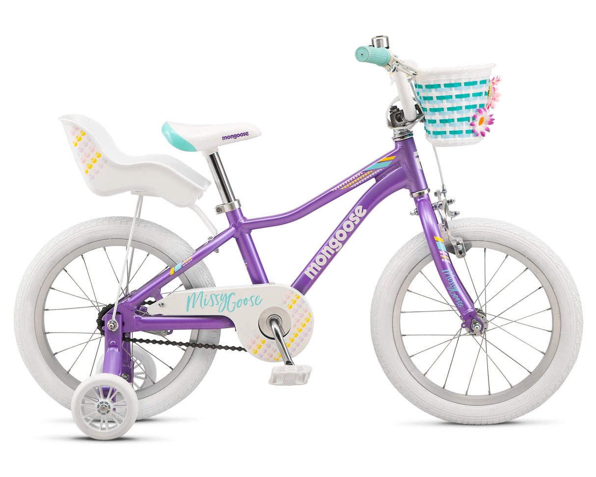 Mongoose Missygoose (2025) 16-inch kids bike in purple with white highlights. Features a front basket and doll carrier. Code MGM55203F20OS