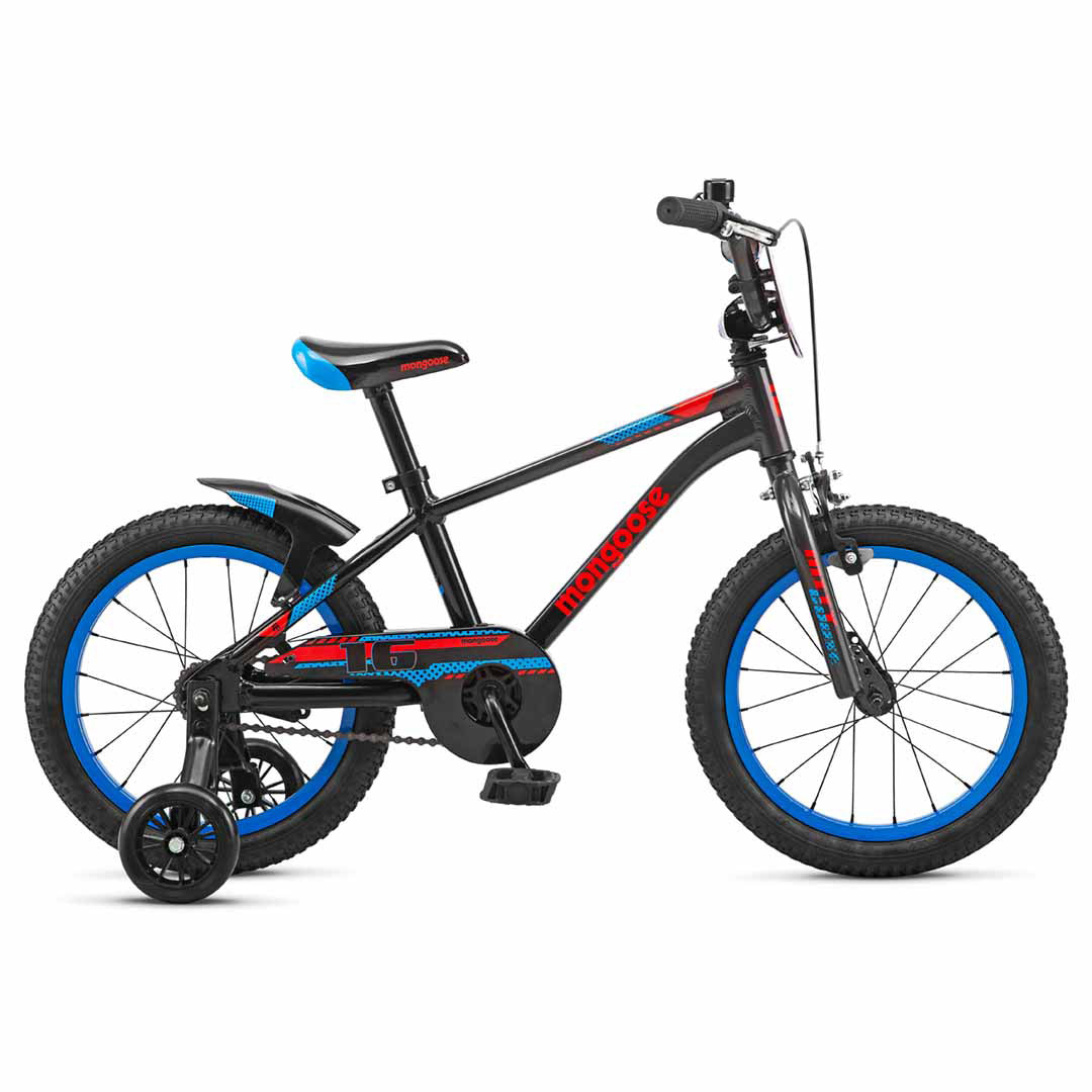 Mongoose Mitygoose (2025) 16-inch kids bike in black with red and blue highlights, race plate and rear mudguard. Code MGM55203M20OS