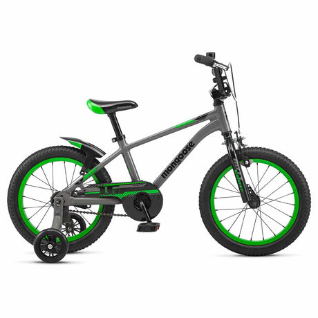 Mongoose Mitygoose (2025) 16-inch kids bike in grey with green highlights, race plate and rear mudguard. Code MGM55203M10OS