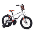 Mongoose Mitygoose 16-inch kids bike in polished silver with orange highlights, race plate and rear mudguard