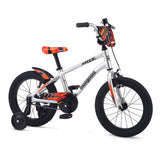 Mongoose Mitygoose 16-inch kids bike in polished silver with orange highlights, race plate and rear mudguard