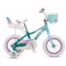 Mongoose Lilgoose 2025 12-inch Kids Bike, teal and blue with white accents, doll carrier and front basket. Code MGM55303F20OS