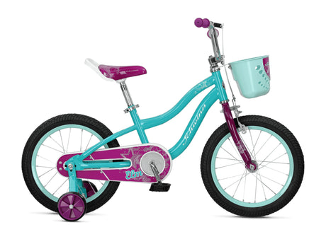 Schwinn Elm 16-inch kids bike in teal with purple highlights