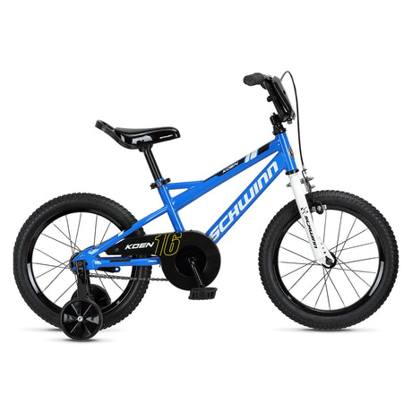 Schwinn Koen 16-inch kids bike in gloss blue with white fork and black highlights