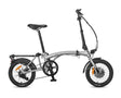 A silver XDS E-Micro folding electric bike with a front wheel motor and a tri-folding frame.