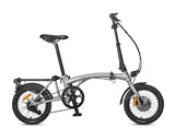 A silver XDS E-Micro folding electric bike with a front wheel motor and a tri-folding frame.