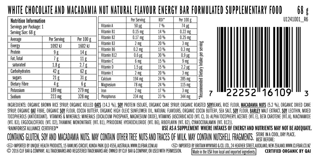 CLIF Bar Energy Bar - White Chocolate Macadamia Nut